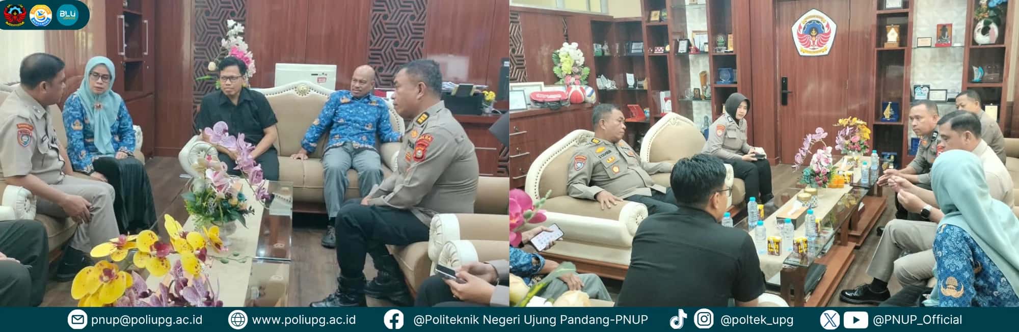 Kolase dua foto pertemuan jajaran Ditbinmas Polda Sulsel dengan pimpinan PNUP di ruang kampus
