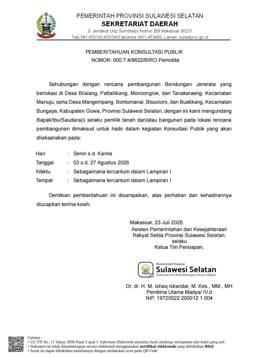 Dokumen pemberitahuan konsultasi publik Bendungan Jenelata yang diterbitkan Sekretariat Daerah Sulawesi Selatan