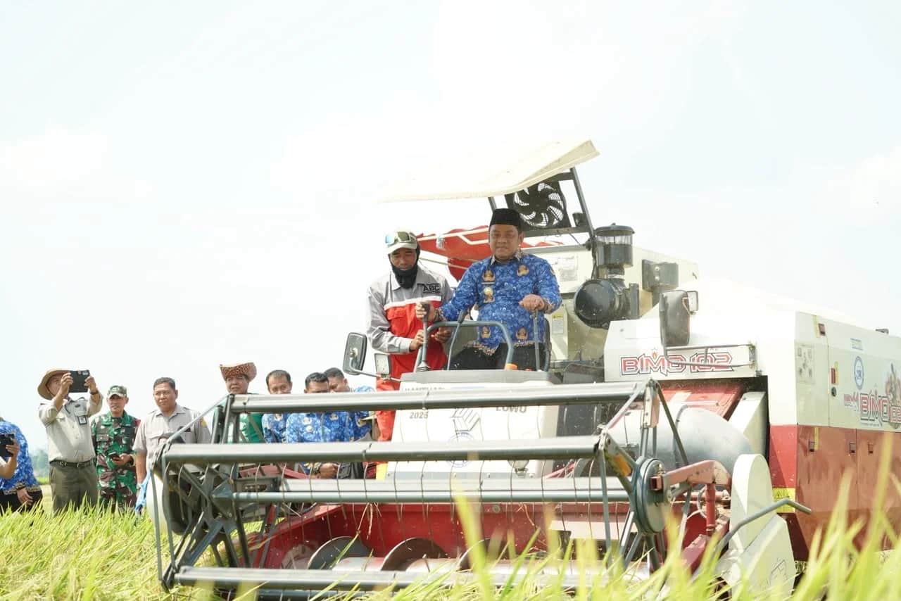 Bupati Luwu dan pendamping berada pada mesin pemanen padi di sawah Rante Damai