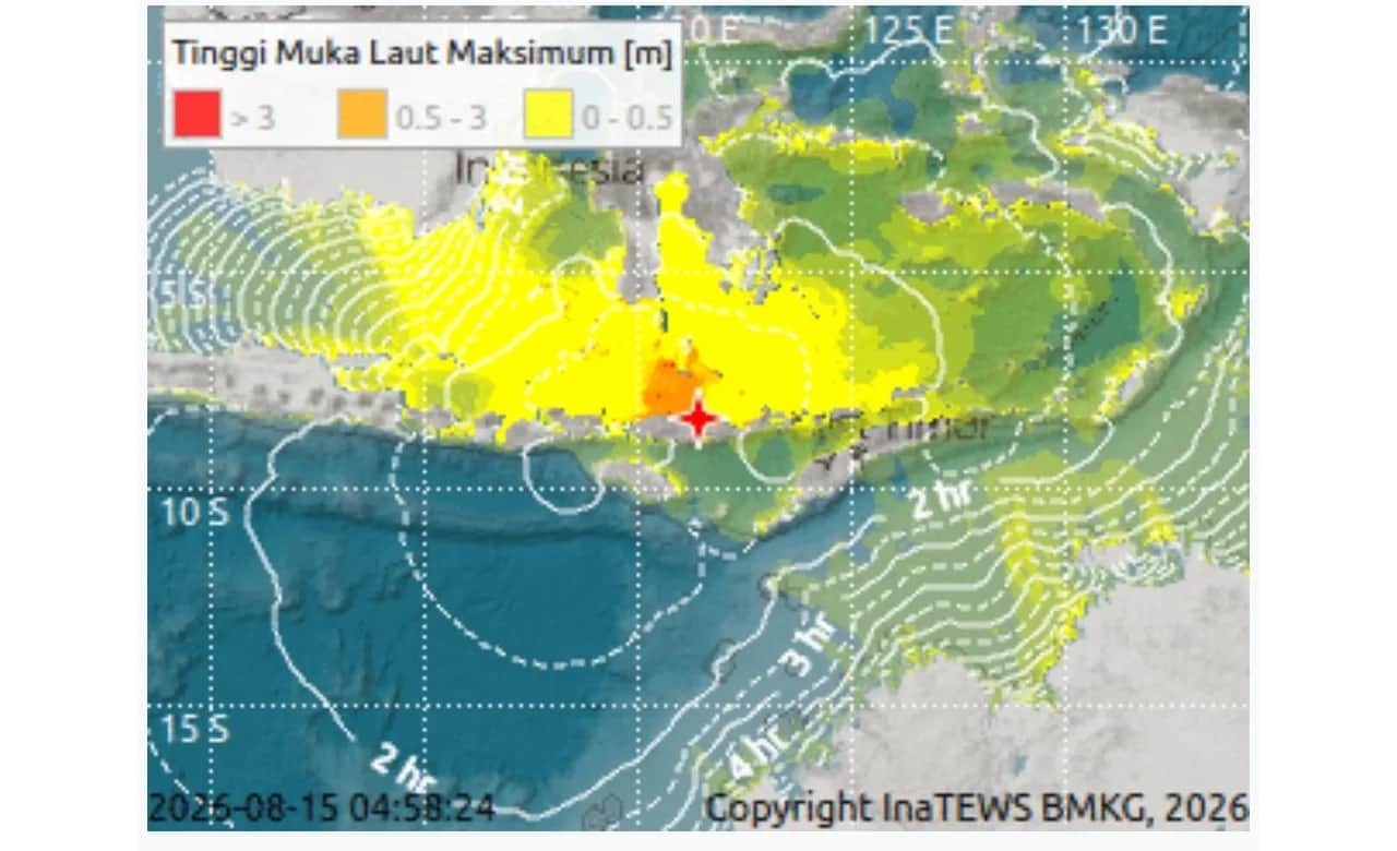 Peta BMKG yang menandai wilayah Kepulauan Selayar dalam peringatan dini tsunami 15 Agustus 2026