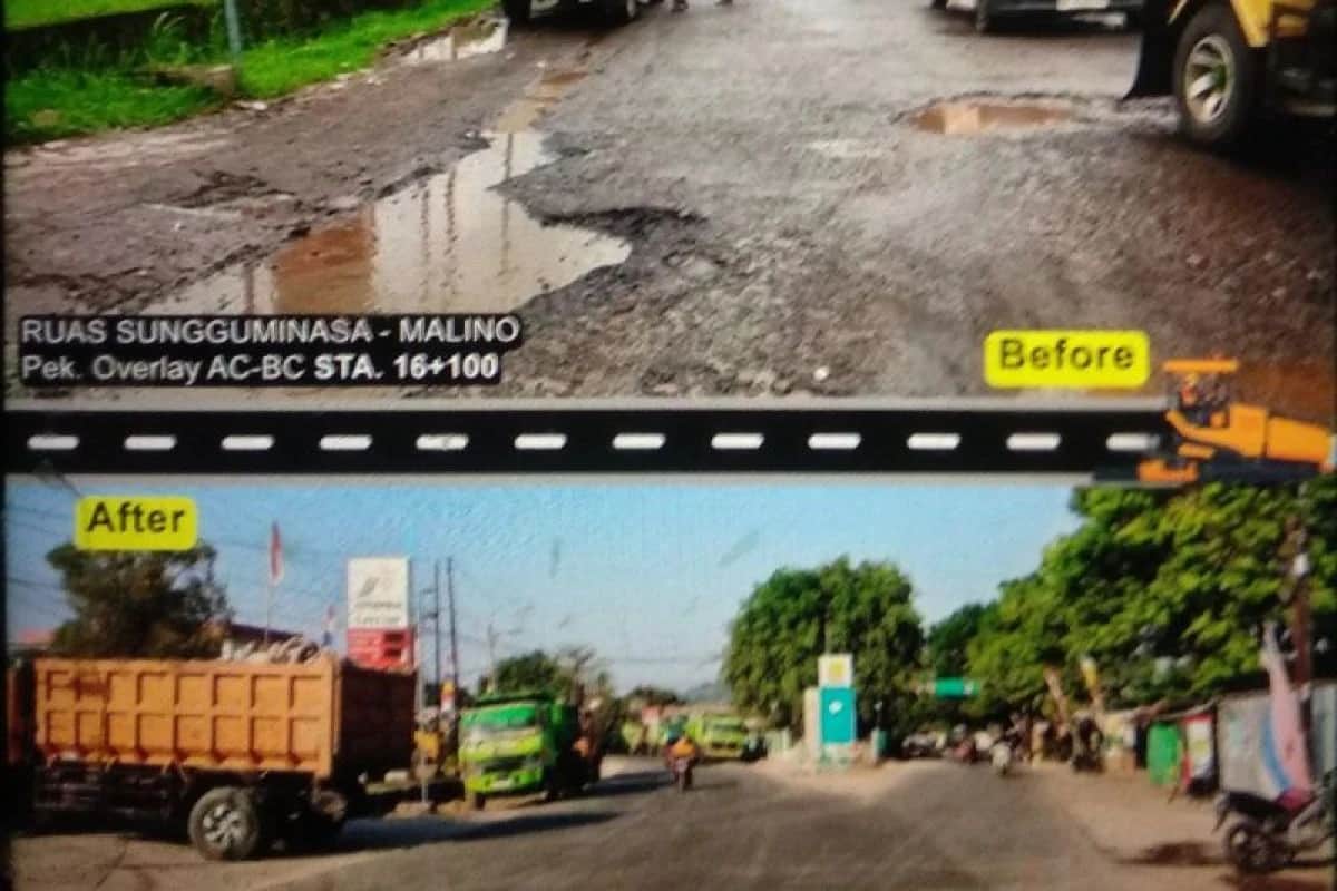Kolase dokumentasi kondisi jalan Sungguminasa–Malino dengan panel sebelum dan sesudah pengaspalan