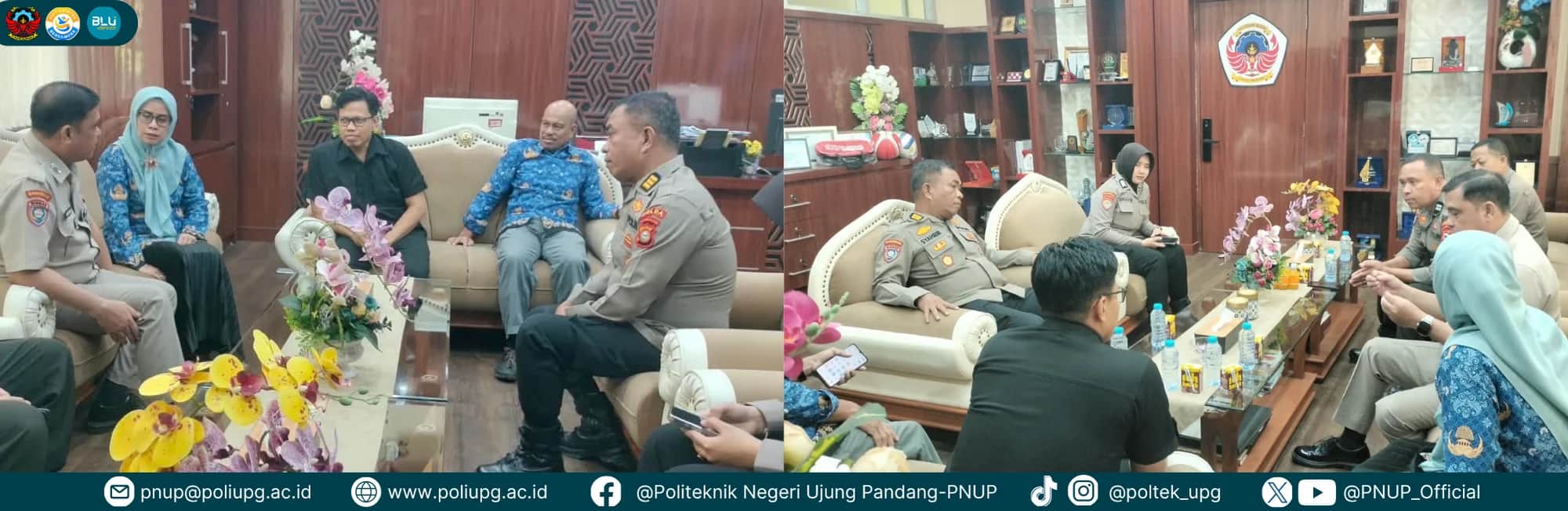 Kolase dua foto pertemuan jajaran Ditbinmas Polda Sulsel dengan pimpinan PNUP di ruang kampus